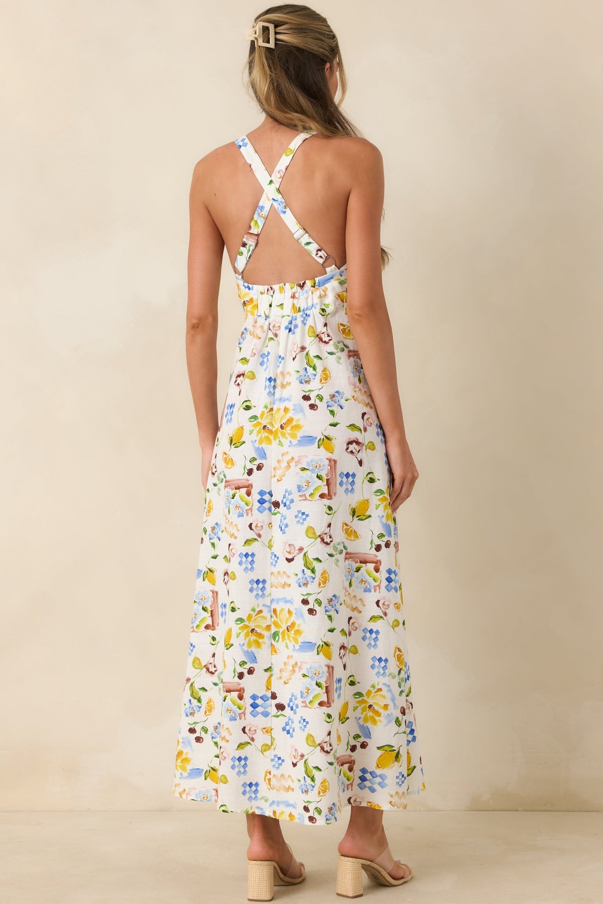 MINKPINK Riviera White Multi Mediterranean Print Cross Back Midi Dress