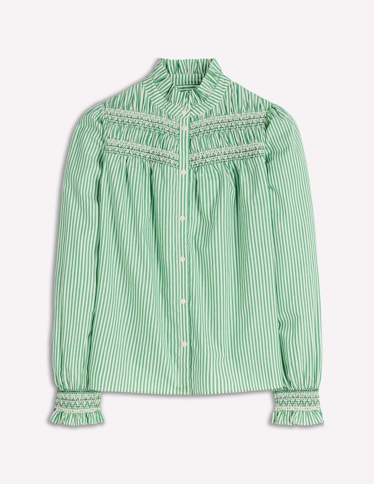 Esme Smocked Detail Frill Top-Highland Green, Ivory Stripe