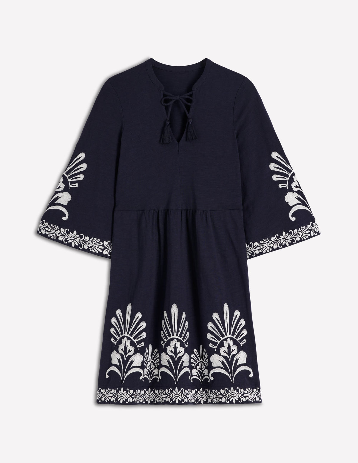 Short Kaftan Jersey Dress-Navy Embroidered