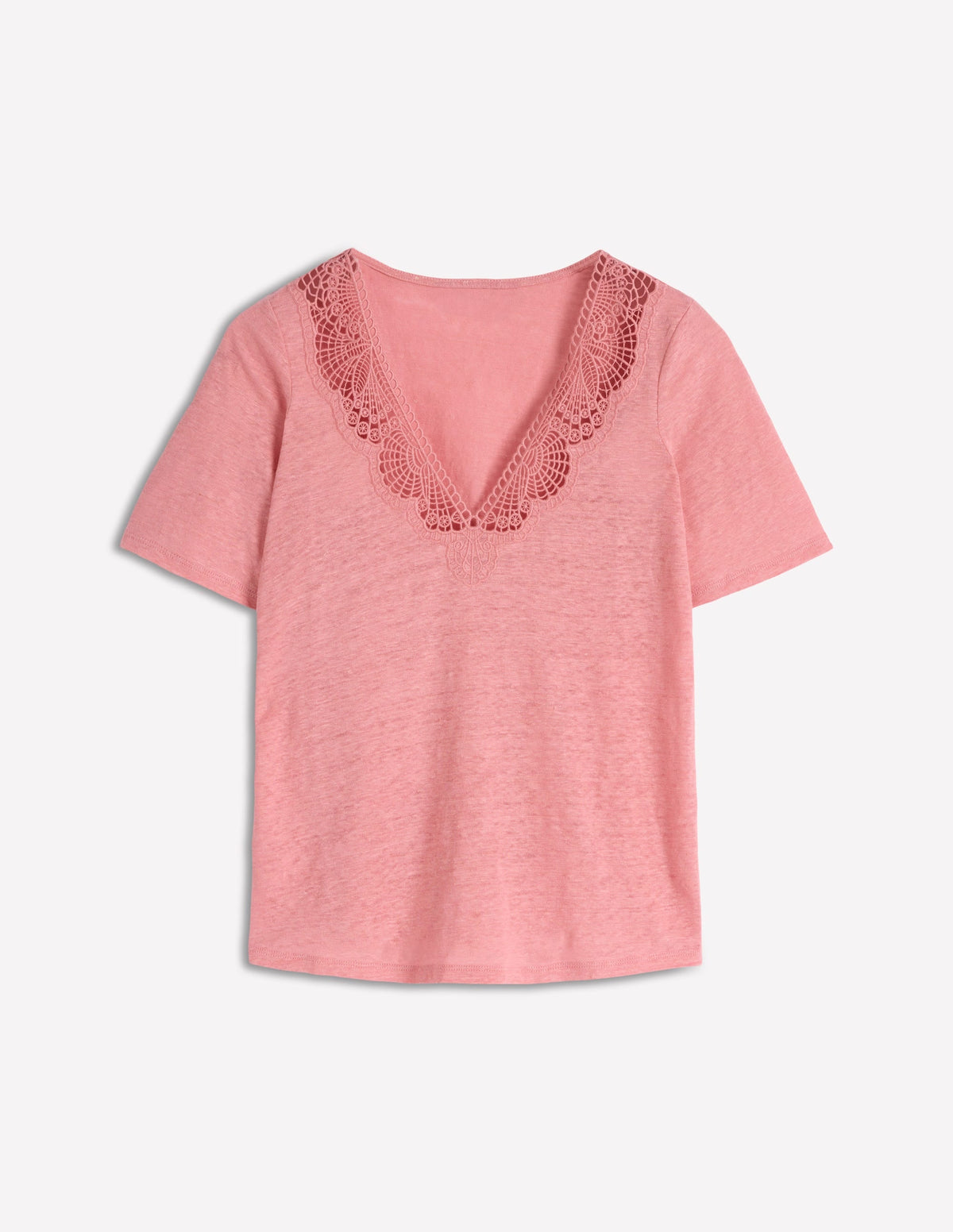 Tara Lace Trim Linen T-shirt-Almond Pink