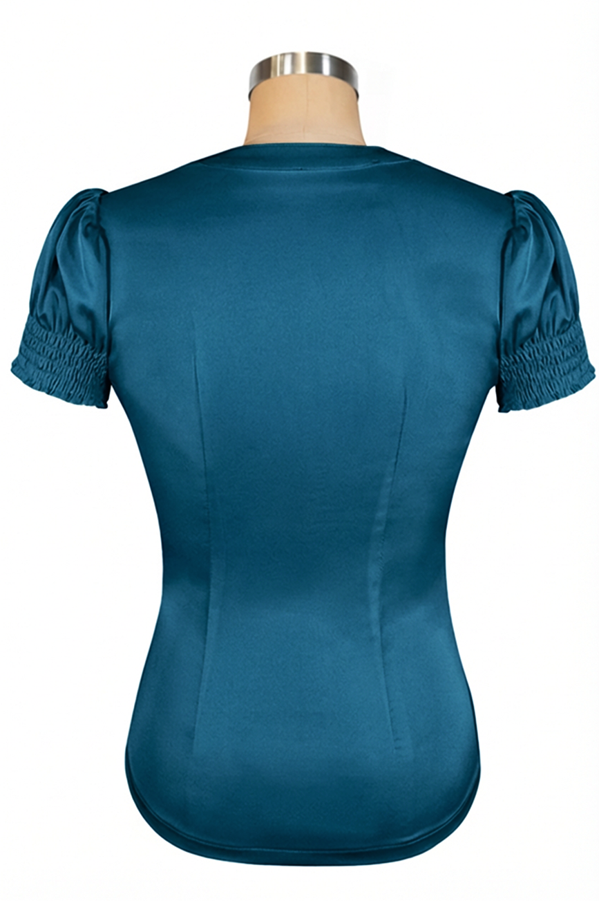 D'Amour Satin Frill Front Blouse (Teal Blue)