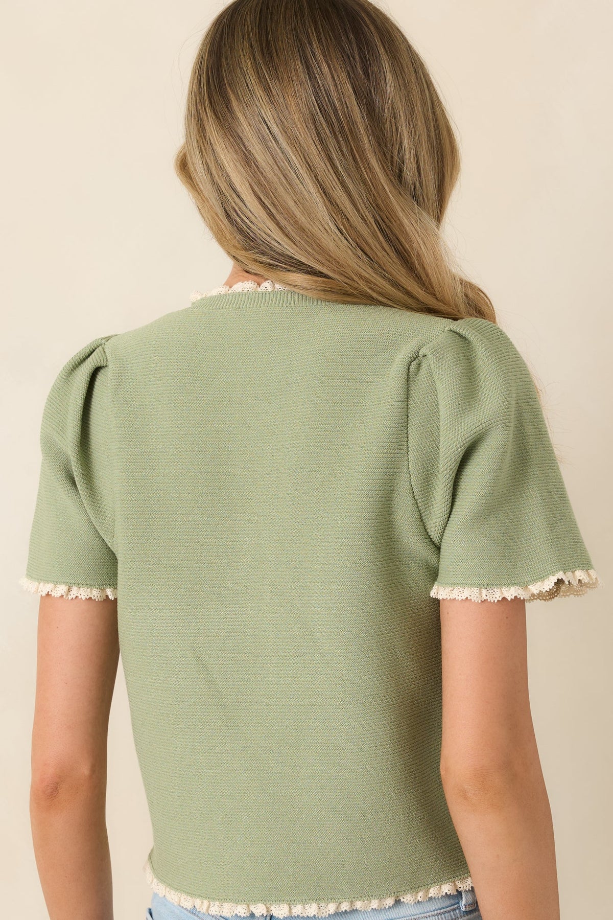 Like a Dream Light Green Knit Lace Trim Button Front Top