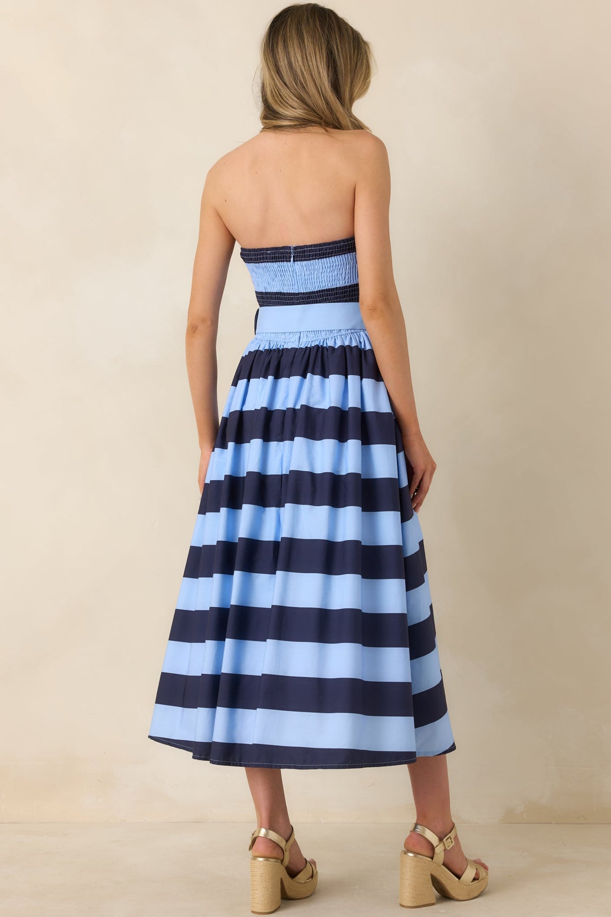 The Amanda Navy & Light Blue Stripe Cotton Strapless Midi Dress