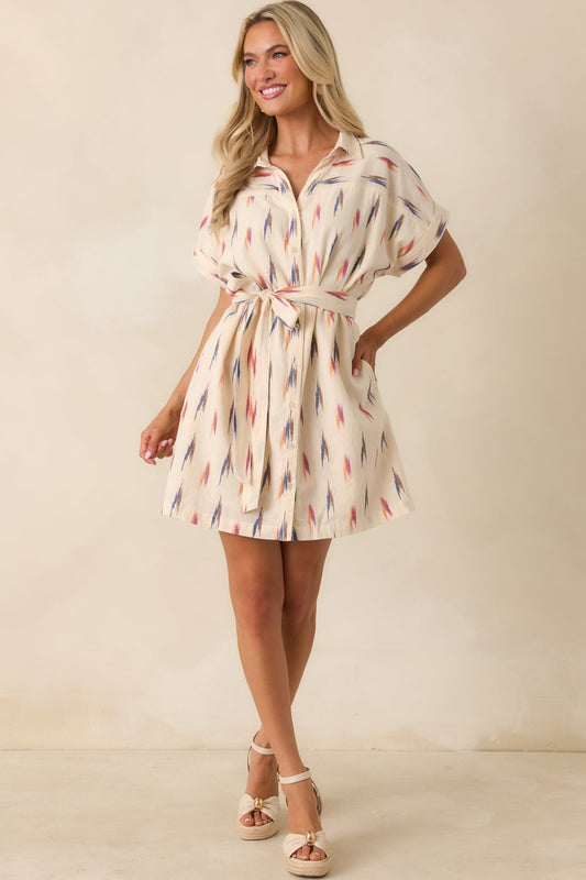 Sunset Sketches Ivory Multi Print Cotton Mini Shirt Dress