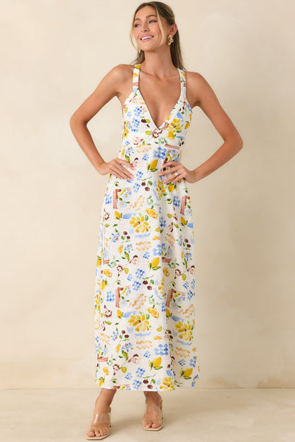 MINKPINK Riviera White Multi Mediterranean Print Cross Back Midi Dress
