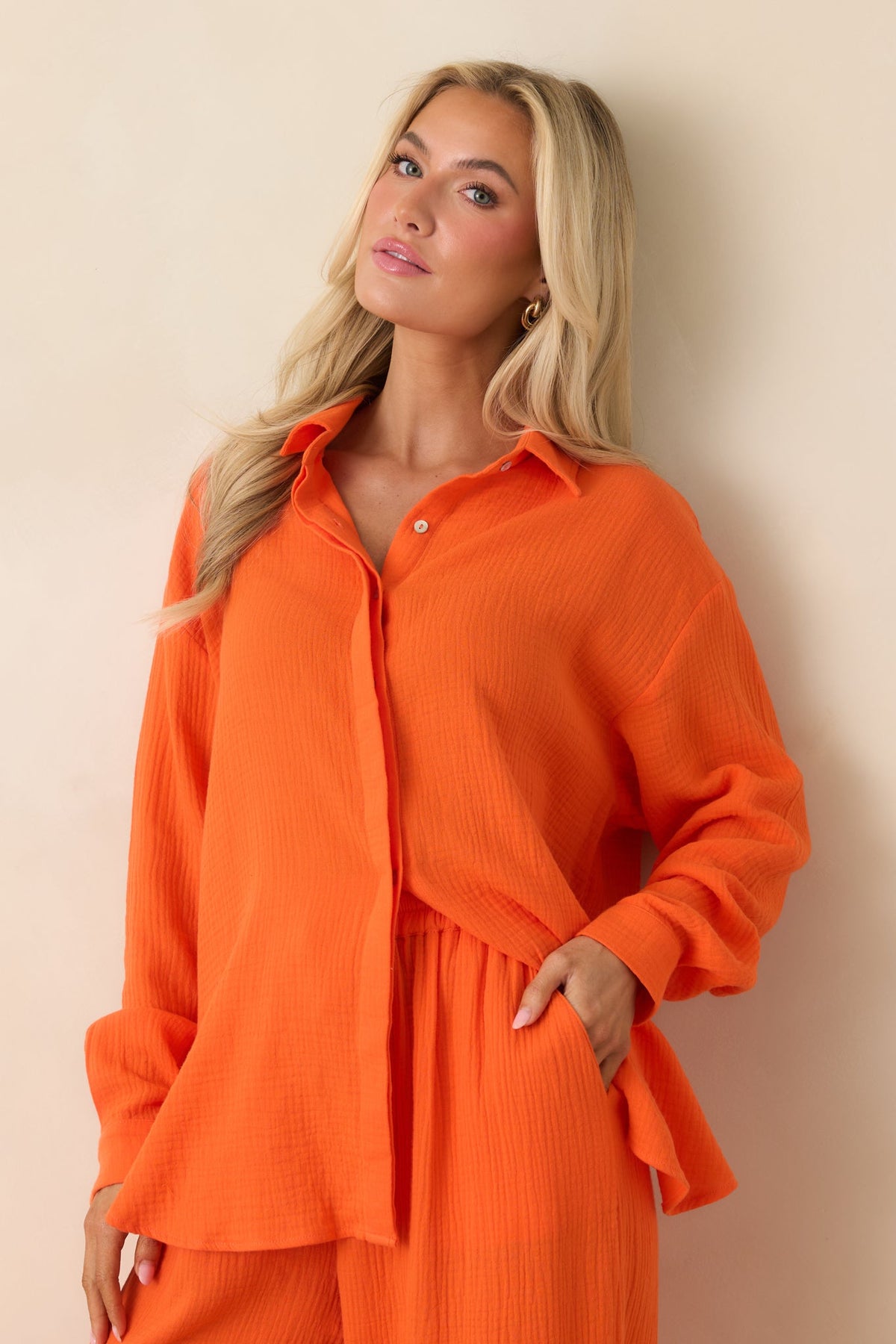 Paradisa Naples Orange Cotton Button-Up Top