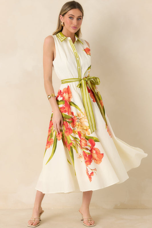 Paradise Garden Ivory Multi Cotton Floral Button Down Maxi Dress