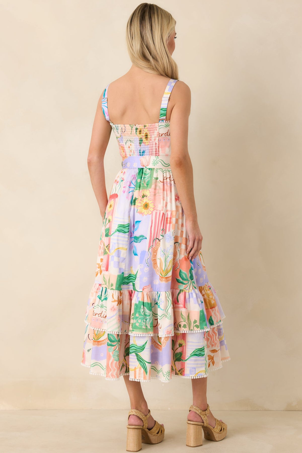 Prosperina Cassandra Peach Multi Floral Cotton Midi Dress