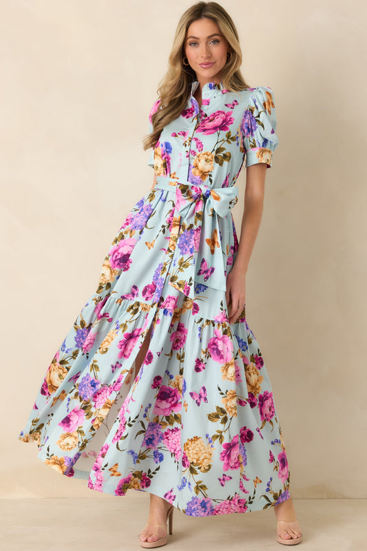 Prosperina Marguerite Blue Multi Floral Cotton Maxi Dress