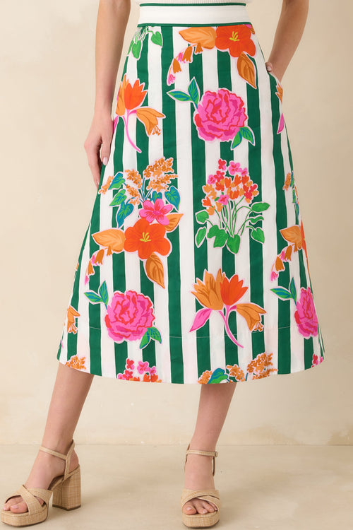 Prosperina Monroe Green Multi Floral Stripe Cotton Midi Skirt