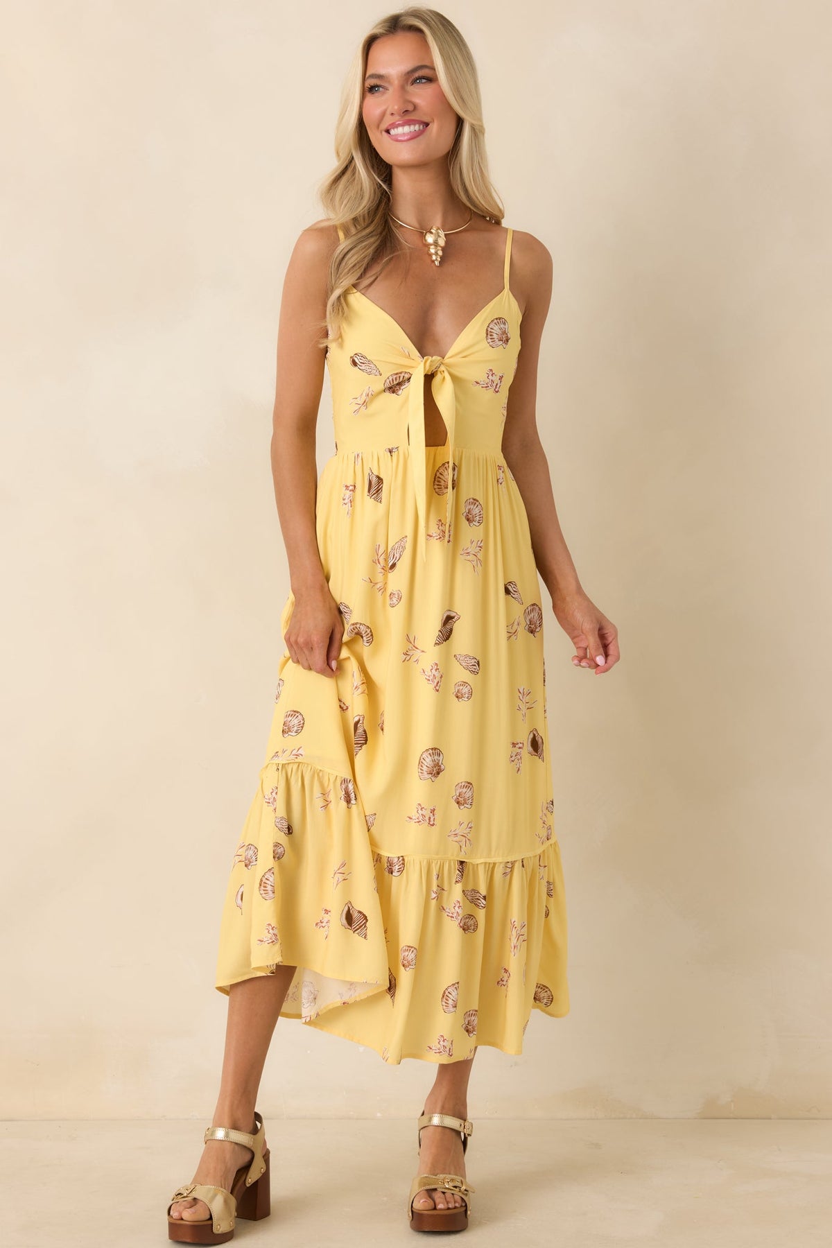 MINKPINK Marisol Yellow Seashell Print Front-Tie Midi Dress