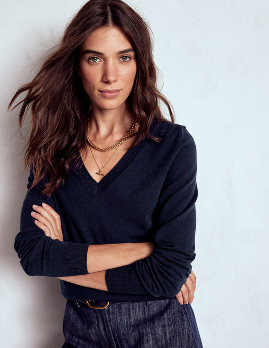 Emilia Cotton V Neck Sweater-Navy