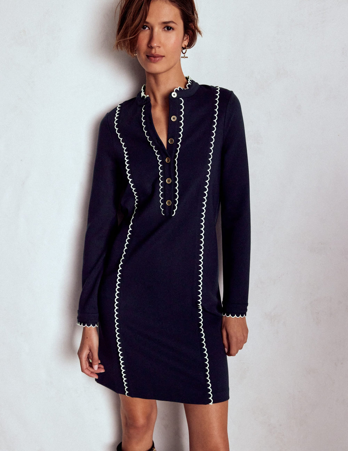 Scallop Detail Jersey Dress-Navy