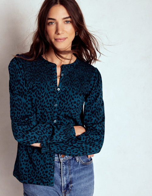 Elsa Smocked Yoke Jersey Shirt-Teal Leopard