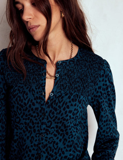 Elsa Smocked Yoke Jersey Shirt-Teal Leopard