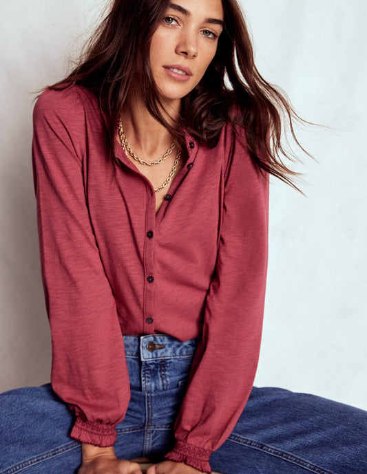 Effie Smocked Detail Shirt-Terracotta Red