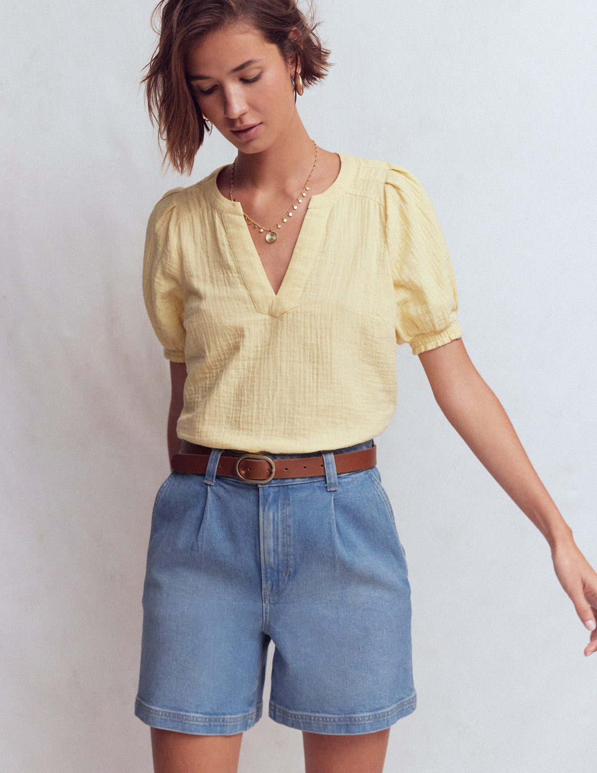 Pleat Front Denim Shorts-Light Vintage