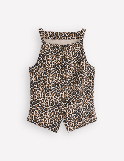 Square Neck Linen Waistcoat-Leopard Print