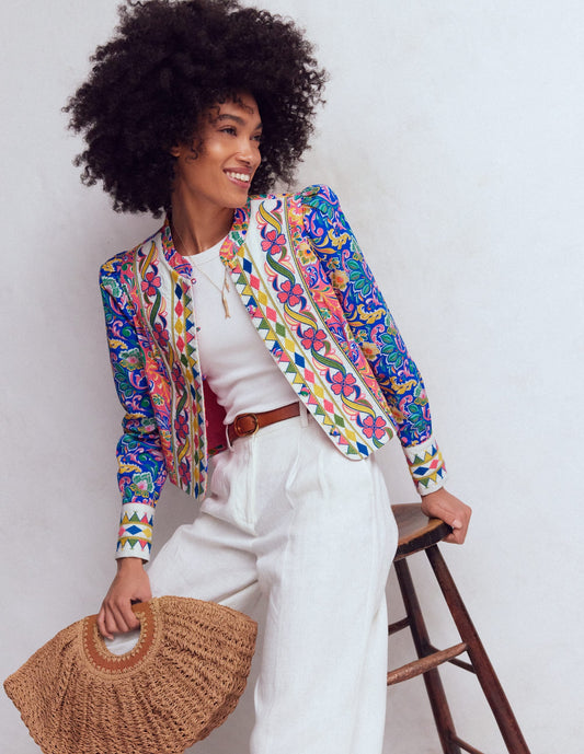 Printed Trim Jacket-Multi, Enchanting Bouquet