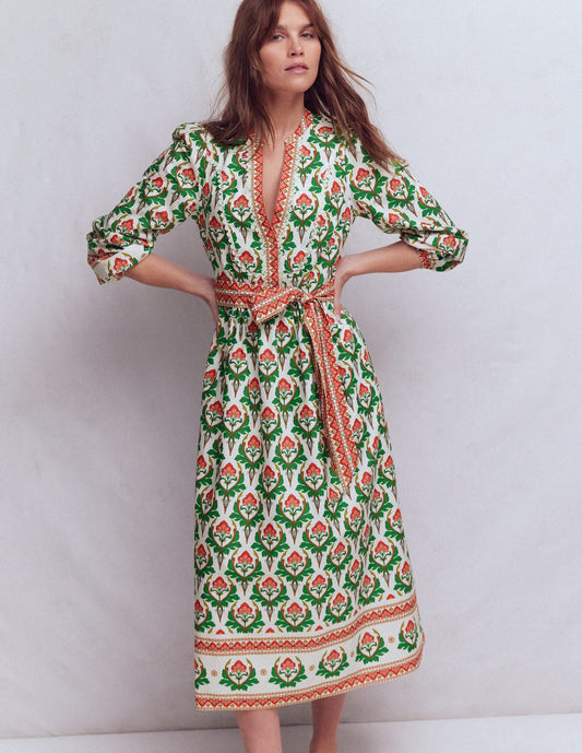 Cary Cotton Midi Dress-Multi, Ornamental Stamp