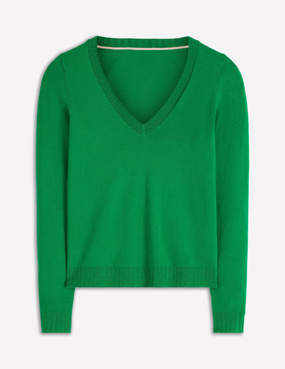 Emilia Cotton V Neck Sweater-Rich Emerald