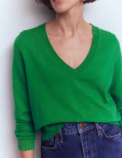 Emilia Cotton V Neck Sweater-Rich Emerald