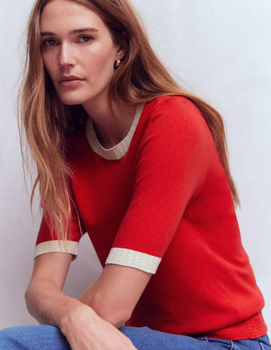 Emilia Cotton Crew T-shirt-Merida Red, Ivory