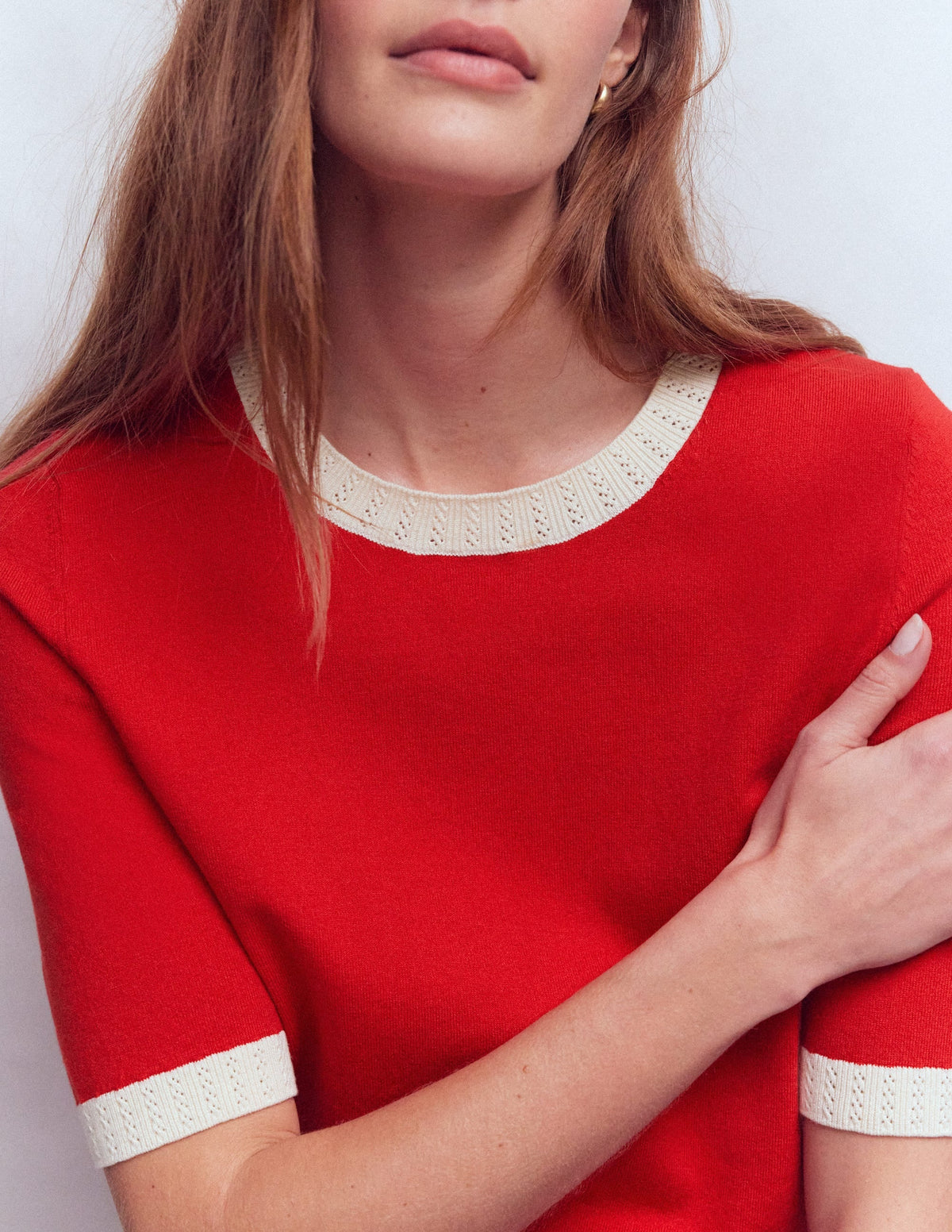 Emilia Cotton Crew T-shirt-Merida Red, Ivory