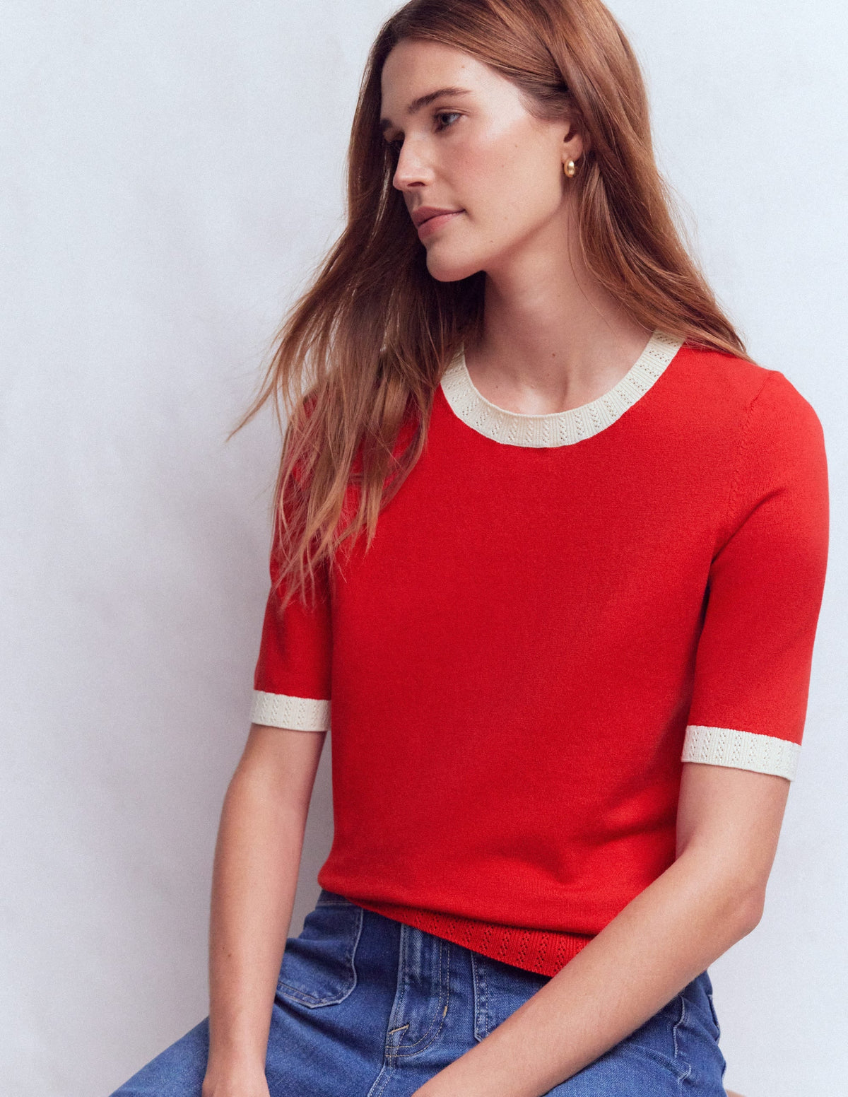 Emilia Cotton Crew T-shirt-Merida Red, Ivory