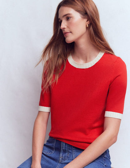 Emilia Cotton Crew T-shirt-Merida Red, Ivory