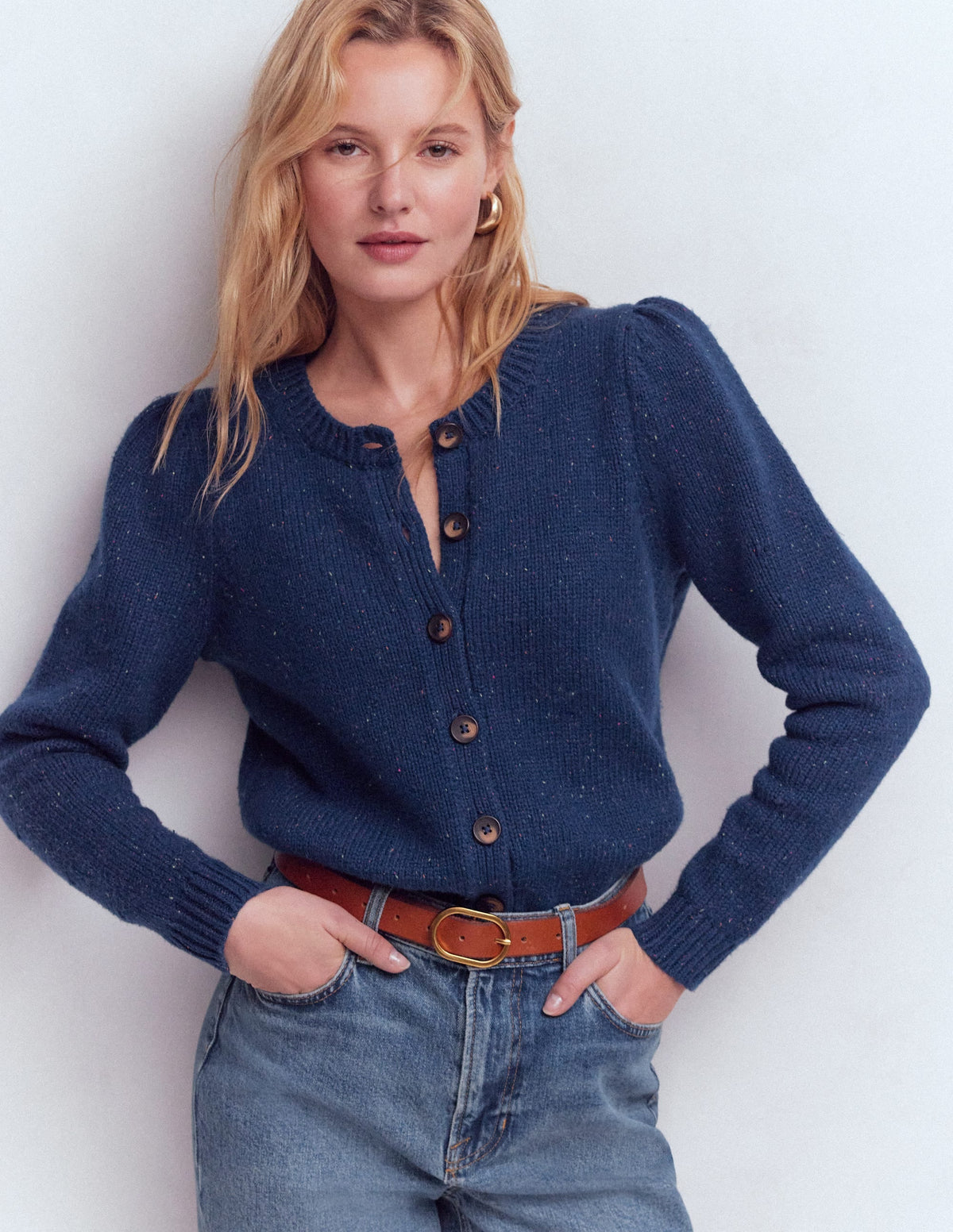 Davina Puff Sleeve Cardigan-Blue, Nep