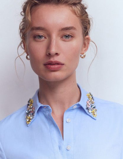 Sienna Trim Detail Shirt-blue Oxford, Jewel Collar