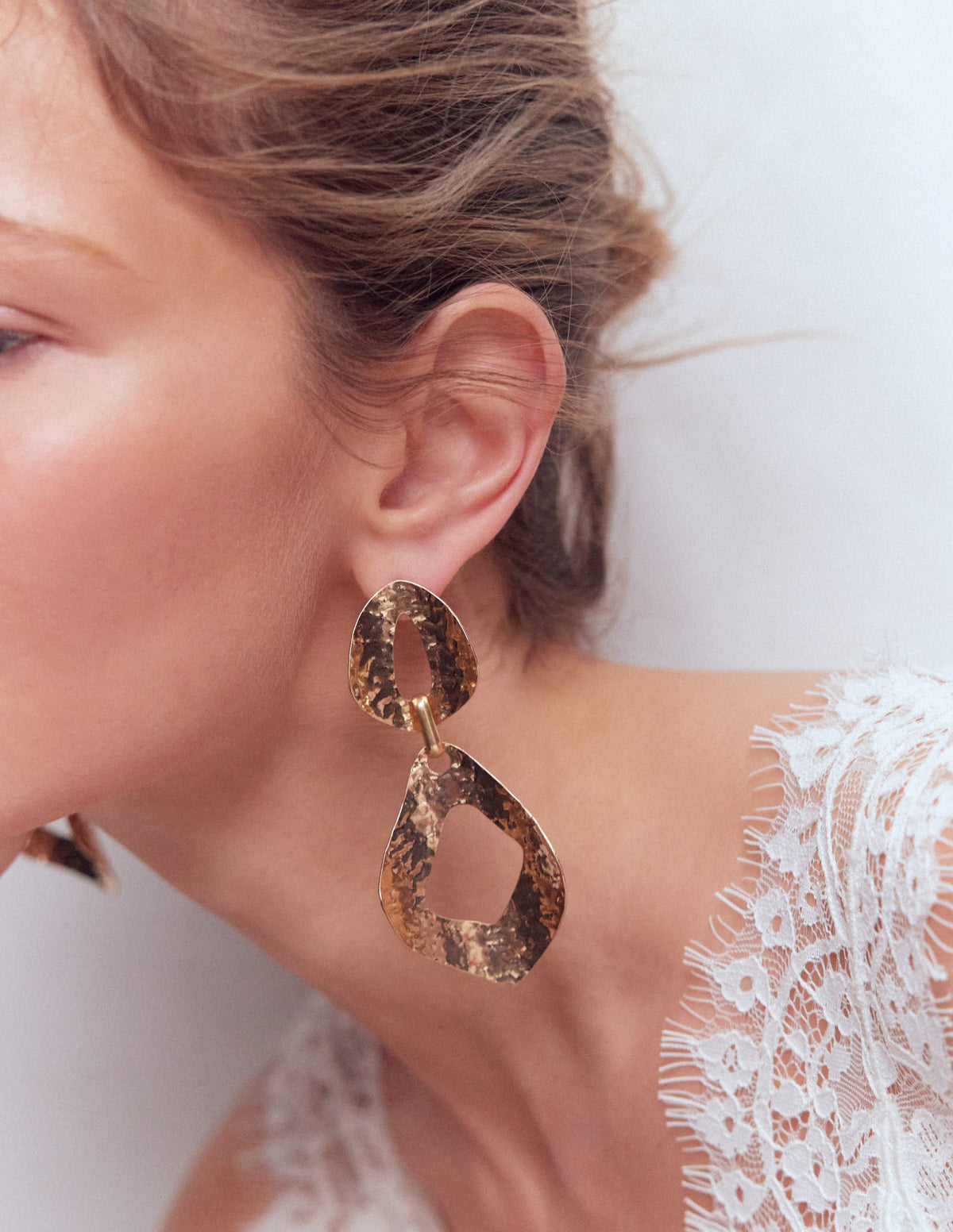 Hammered Double Earrings-Gold Colour