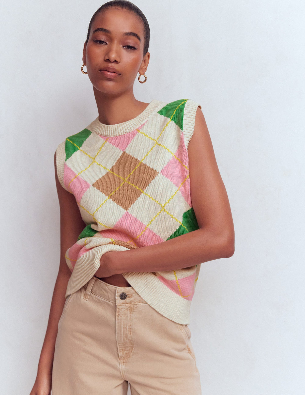 Lucy Cotton Vest-Green, Pink Argyle