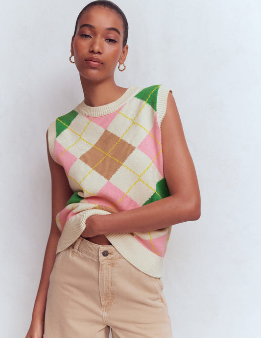 Lucy Cotton Vest-Green, Pink Argyle