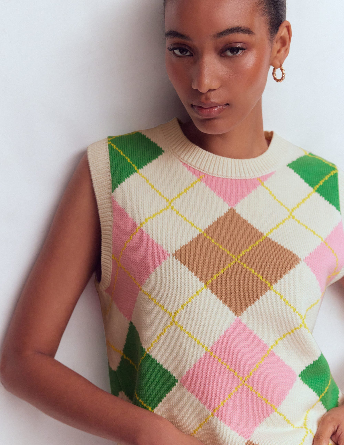 Lucy Cotton Vest-Green, Pink Argyle