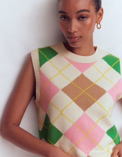 Lucy Cotton Vest-Green, Pink Argyle
