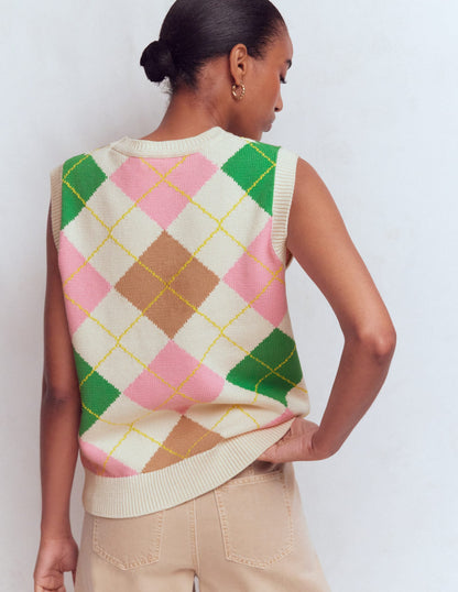 Lucy Cotton Vest-Green, Pink Argyle