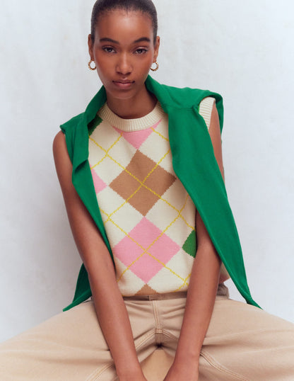 Lucy Cotton Vest-Green, Pink Argyle