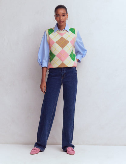Lucy Cotton Vest-Green, Pink Argyle