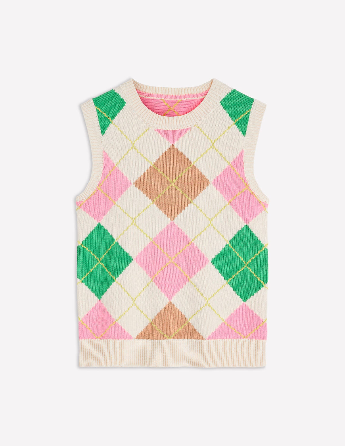 Lucy Cotton Vest-Green, Pink Argyle