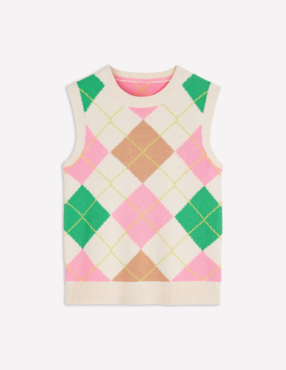 Lucy Cotton Vest-Green, Pink Argyle