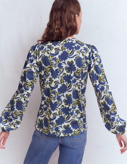 Mya Smocked Jersey Shirt-True Navy, Shadow Blossom