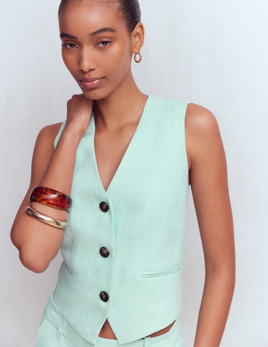 Linen V-Neck Waistcoat-Spearmint