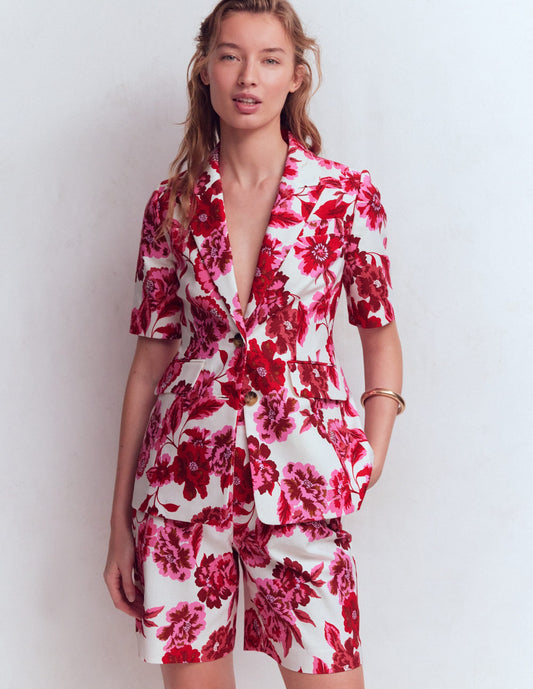 Short Sleeve Cotton Blazer-Sangria Sunset, Floral Print