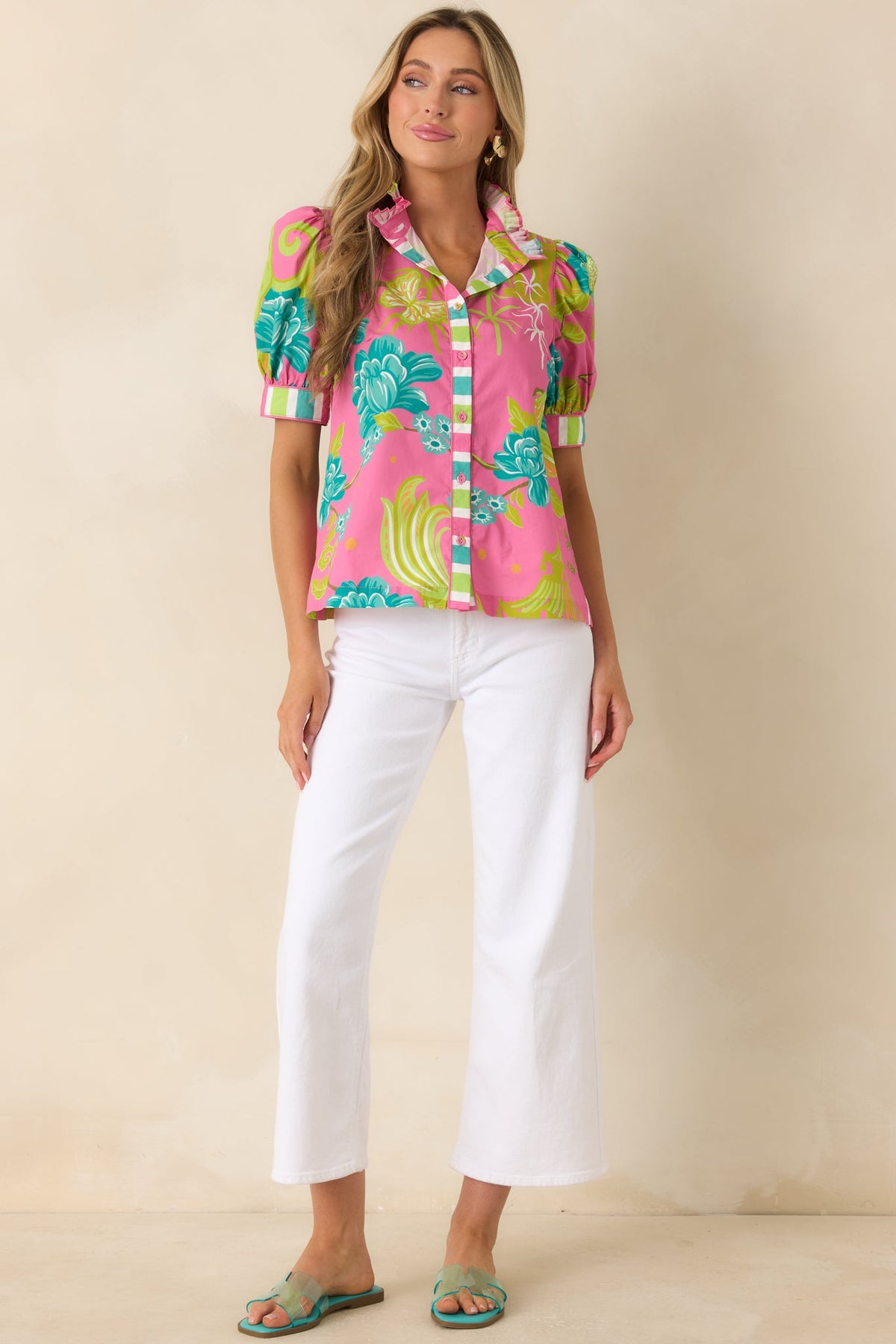 Prosperina Collier Pink Multi Chinoiserie Cotton Button-Front Top