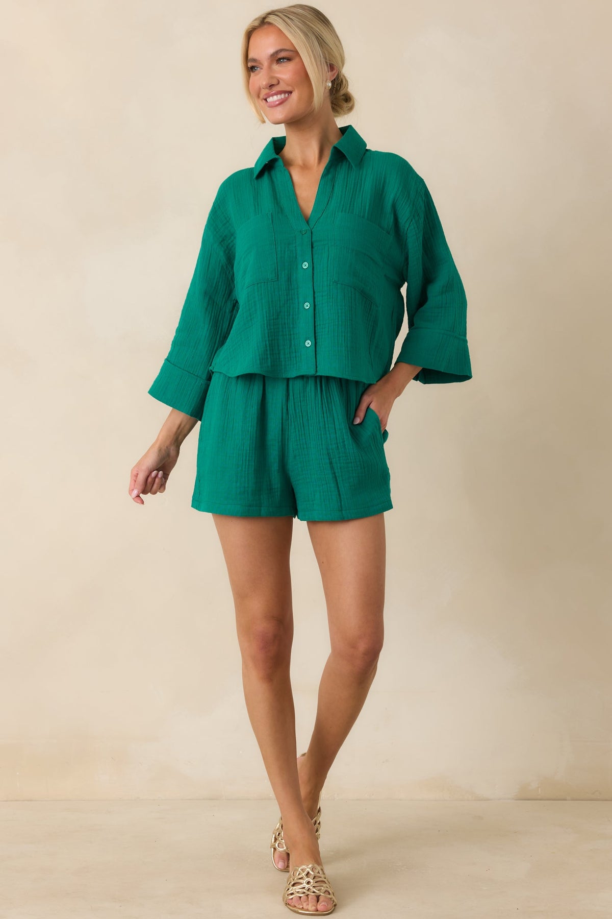 Z Supply Helena Rainforest Green Airy Cotton Gauze Button Up