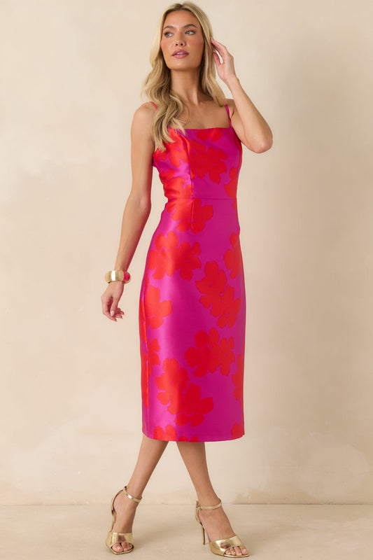 Make an Entrance Fuchsia & Red Floral Jacquard Midi Dress