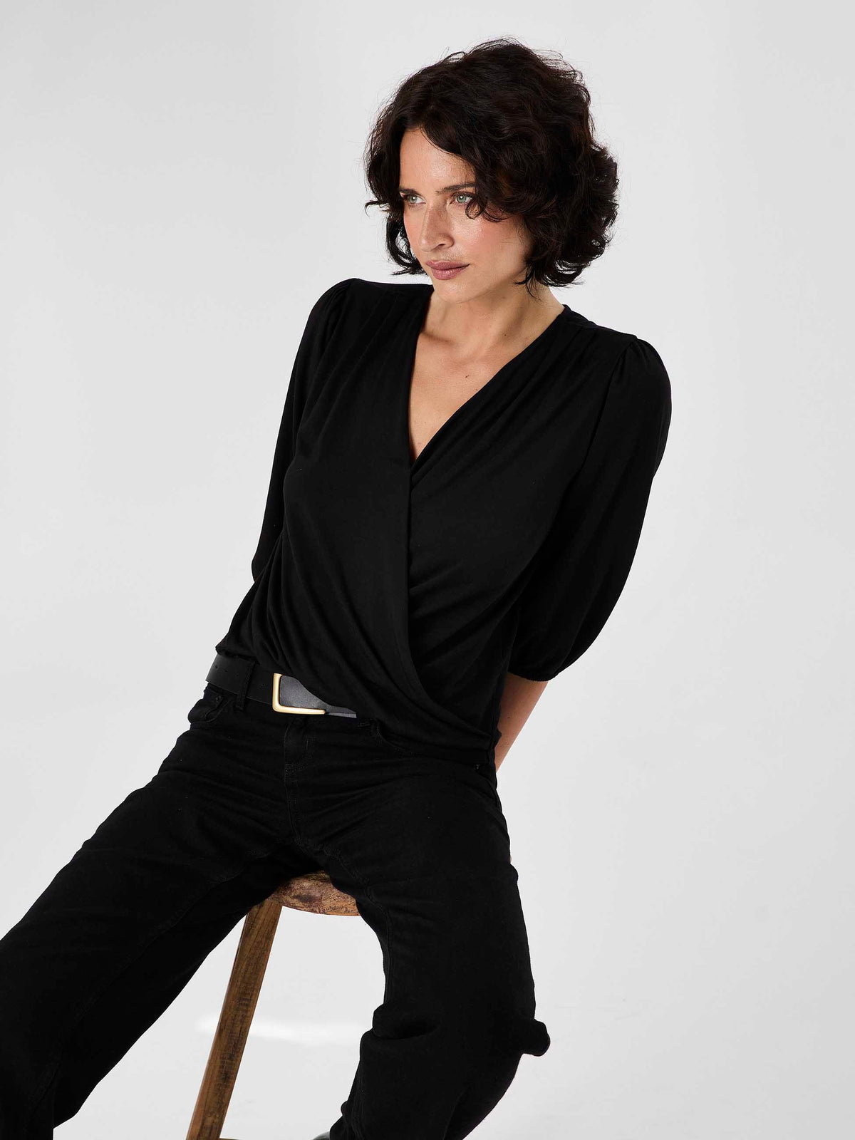 Athena 7/8 Sleeve  Drape Top - Black