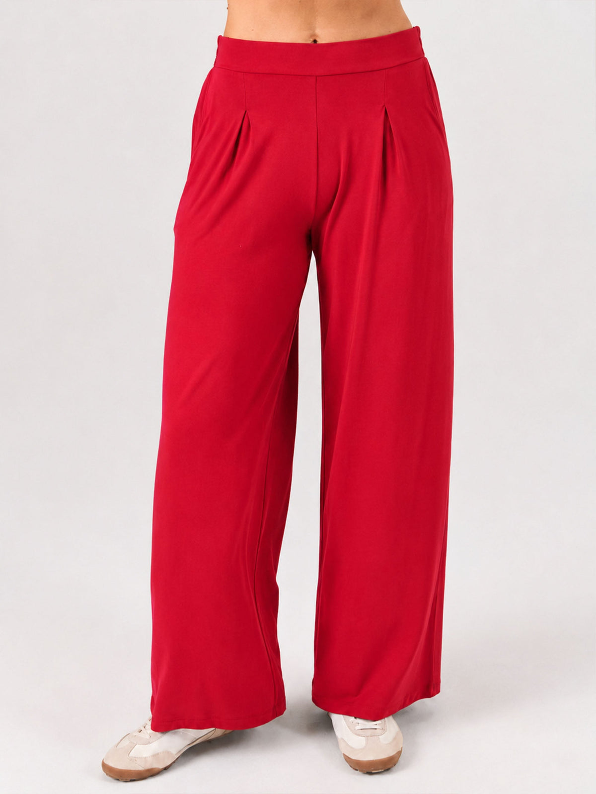 Pleat  Front Wide Leg Pants - Cherry